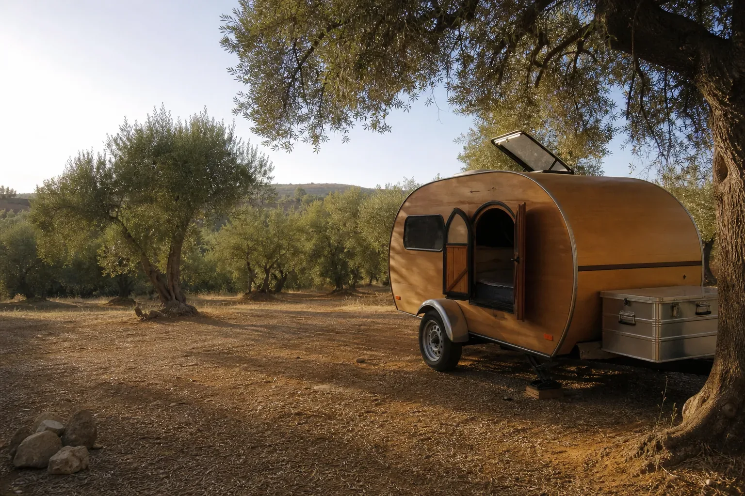 Caravane teardrop garée dans une oliveraie marocaine à la lumière dorée