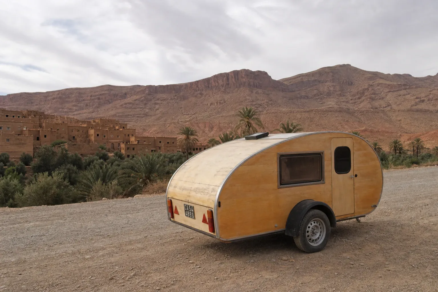Petite caravane teardrop en bois artisanale garée face aux montagnes de l'Anti-Atlas au Maroc