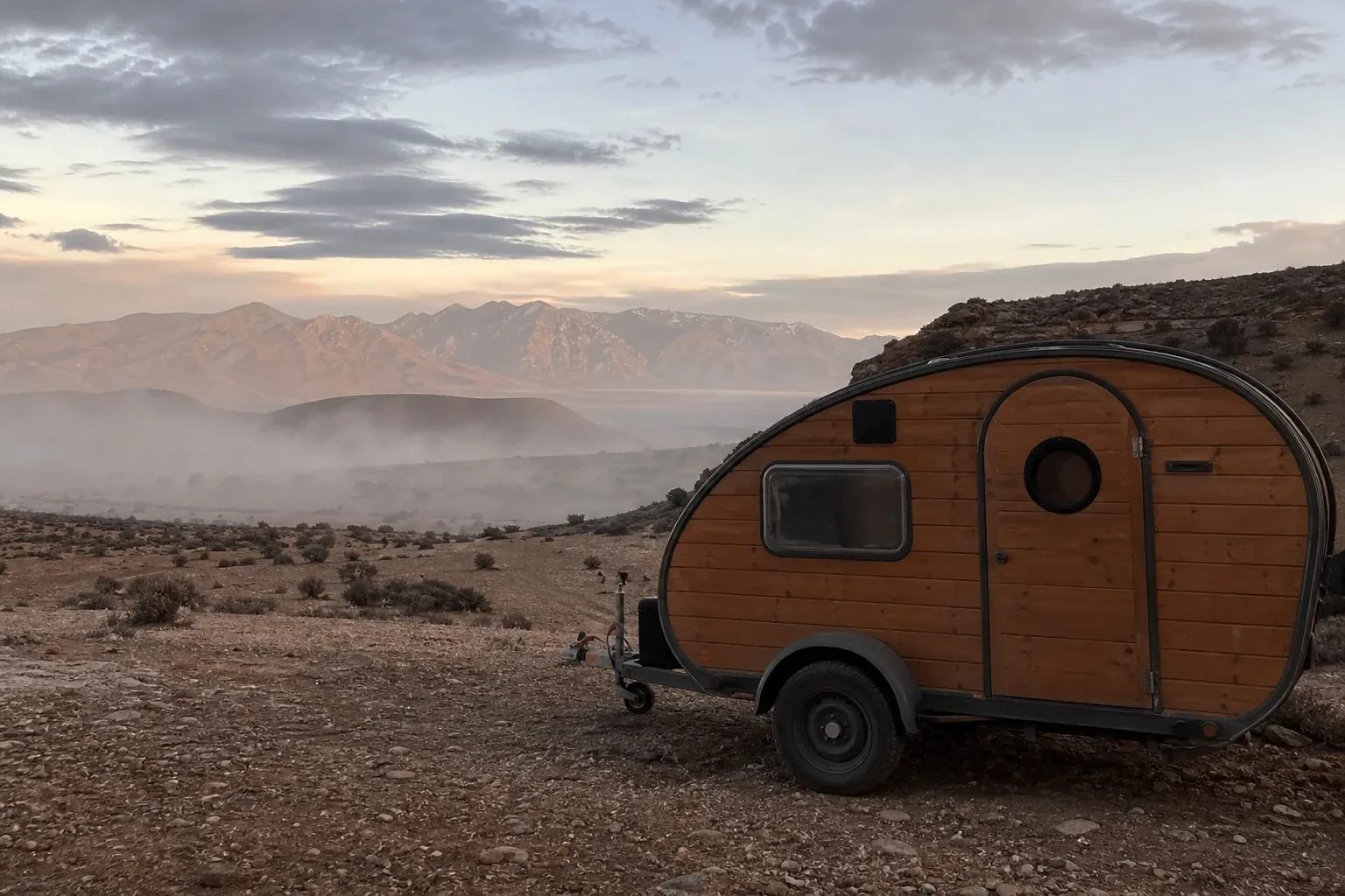 Caravane teardrop en bivouac dans les paysages ochres de l'Anti-Atlas au lever du soleil