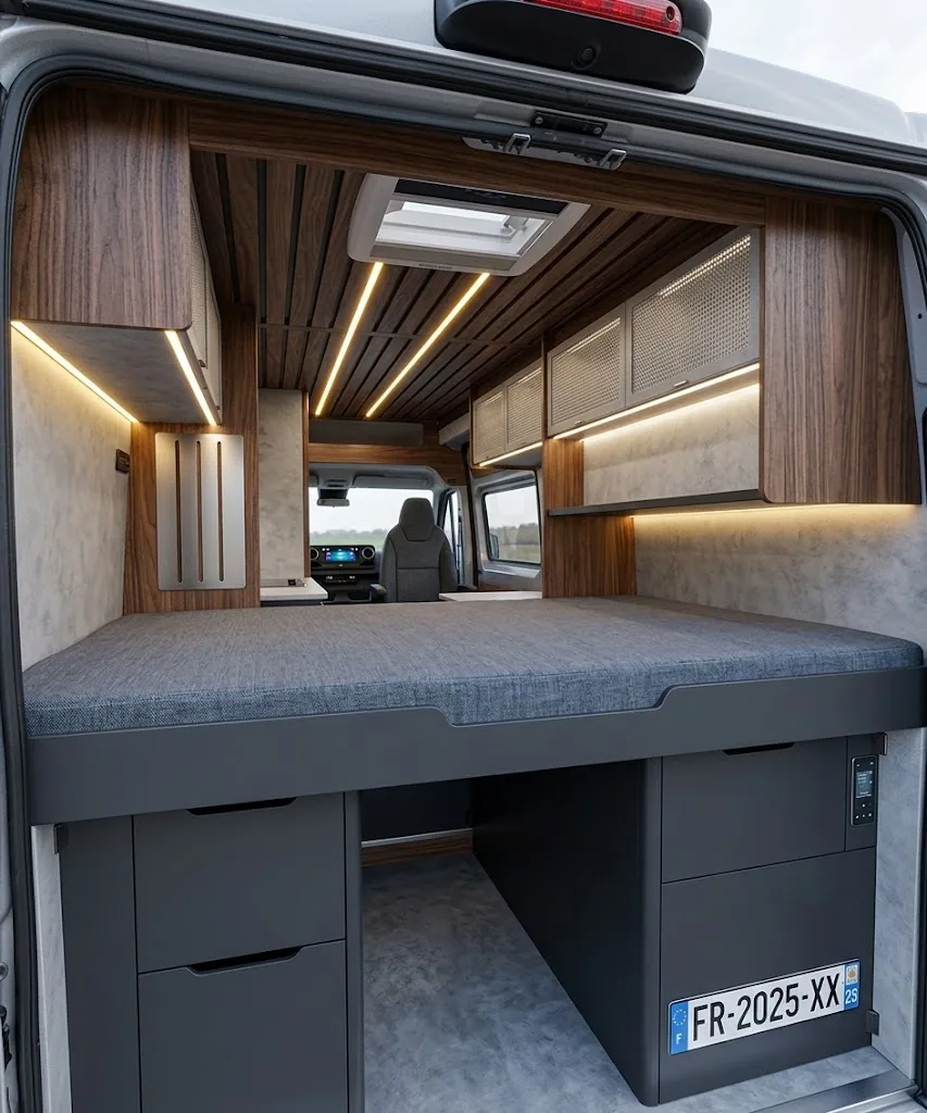 Rendu 3D vue arrière d'un van aménagé avec lit fixe surélevé, rangements sous-lit et console de contrôle électrique